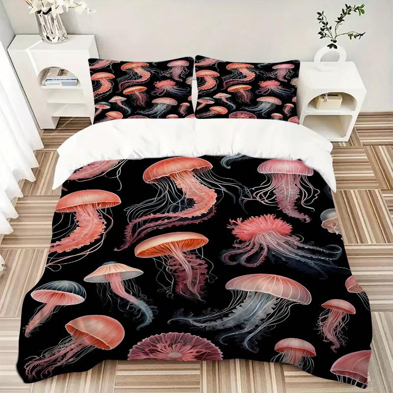 3pcs Jellyfish Design Comforter Set with One Quilt Cover and Two Pillowcases (No Core), Perfect for Bedroom Decor, Festive Gifts, Polyester Fabric
