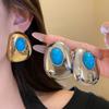 Fashion Exaggerated Oval Imitation Turquoise Chunky Irregular Metal Frame Stud Earrings for Women Vintage Big Statement Jewelry