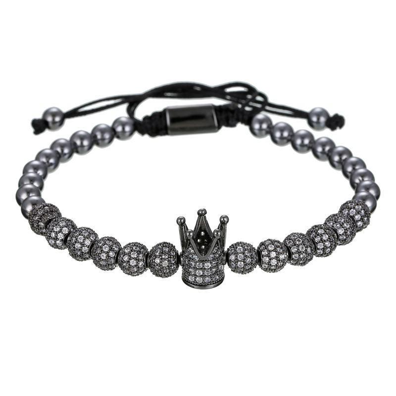 Men's Copper Bead Bracelet with Zirconia Crown and Adjustable Woven Design