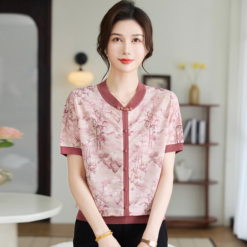 2026 New Chinese Style Ice Silk V-Neck Short-Sleeve Top for Mothers - Elegant Summer Shirt for Middle-Aged and Elderly Women