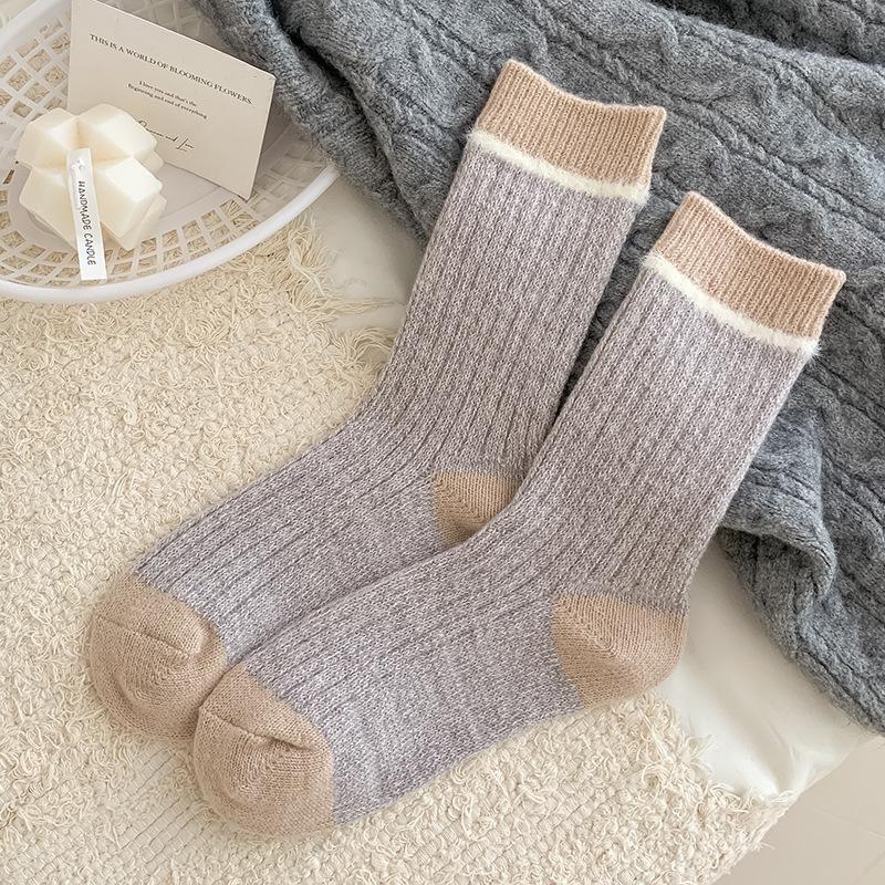 Wool Socks Children'S Color Matching Stacking Socks Season Velvet Thickened Warm Confinement Socks Contrasting Color Retro Medium Tube Socks Women