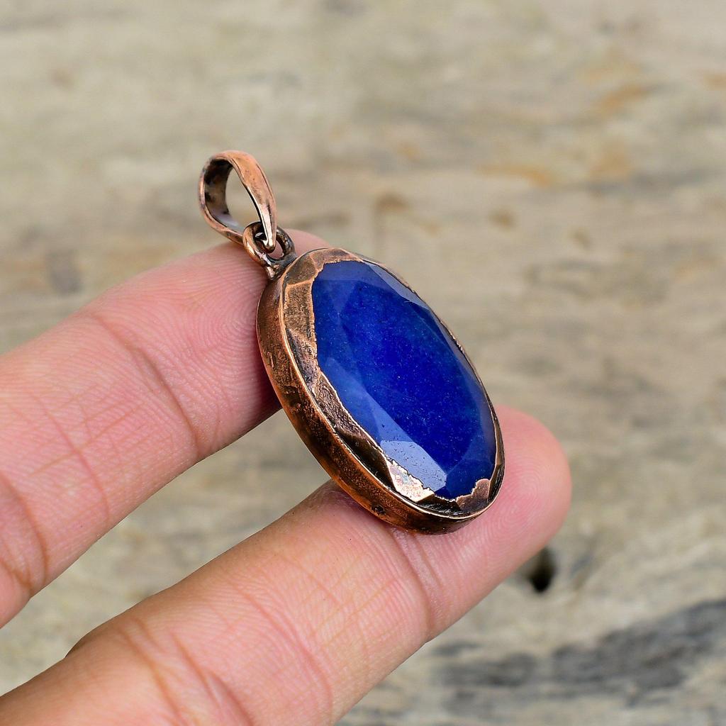 Pandantiv Safir Albastru Fațetat Pandantiv Cupru Electroformat Bijuterii cu Piatră Prețioasă Autentică Pandantiv Făcut Manual Bijuterii Frumoase din Cupru Cadouri Pentru Ea