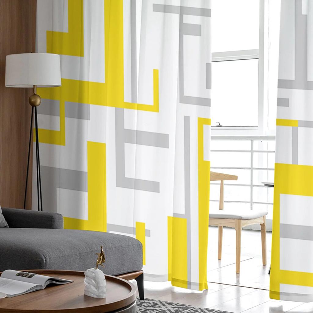 Art Geometry Žlutá Šedá Ložnice Průhledné Průsvitné Závěsy Sváteční dekorace Okno Voál Tyl Závěs