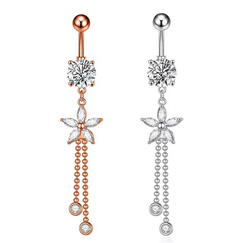 Fashion Stainless Steel Flower Zircon Tassels Belly Button Rings For Women Simple Navel Ring Sexy Body Piercing Jewelry Gifts