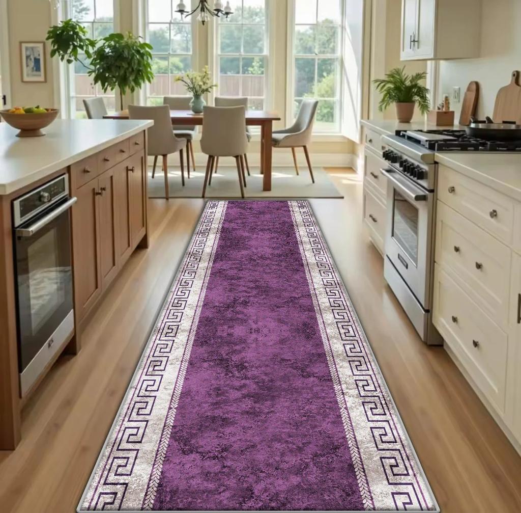 Luxury Greek Key Marble Runner Rug, Modern Grey Geometric Long Floor Mat for Kitchen Hallway, Non-Slip Washable Carpet
