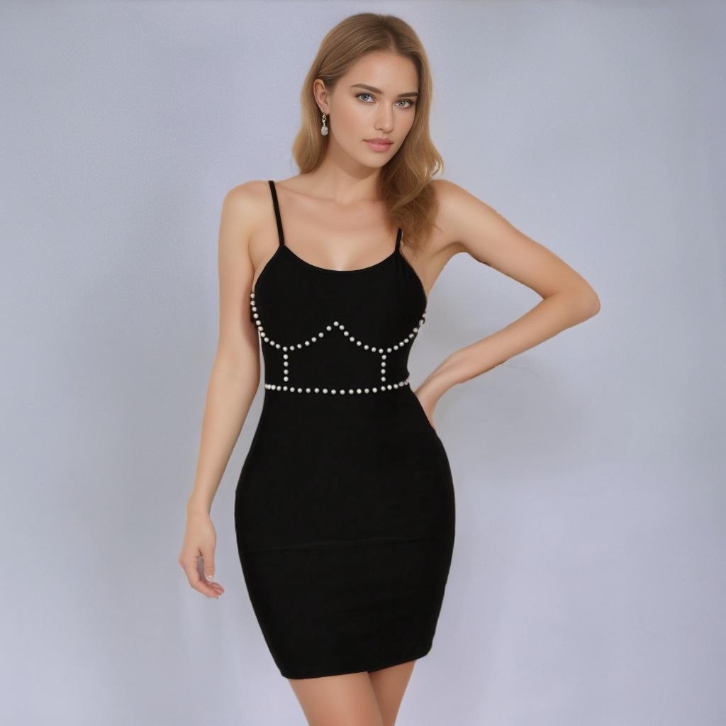 

European & American Black Spaghetti Strap Beaded High Waist Backless Bandage Mini Party Dress Medium чёрный