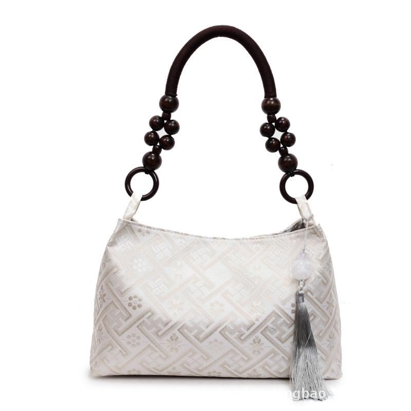 Mouth End Zhuang Brocade Women s 2025 Tassel Shoulder Bag: Versatile, Stylish Chinese Handbag Off-white with pendant