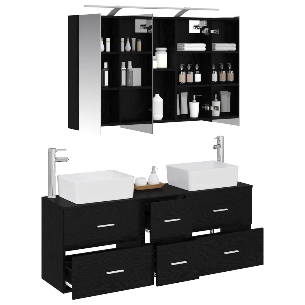 Bathroom Furniture Set 4 Pcs Black Oak Engineered Wood and Glass