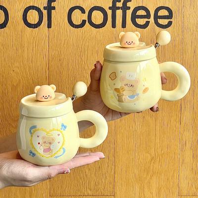 Milk Fufu Butter Bear Mug with Lid Girl Cute Ceramic Drinking Cup Couple Coffee Cup Birthday Gift