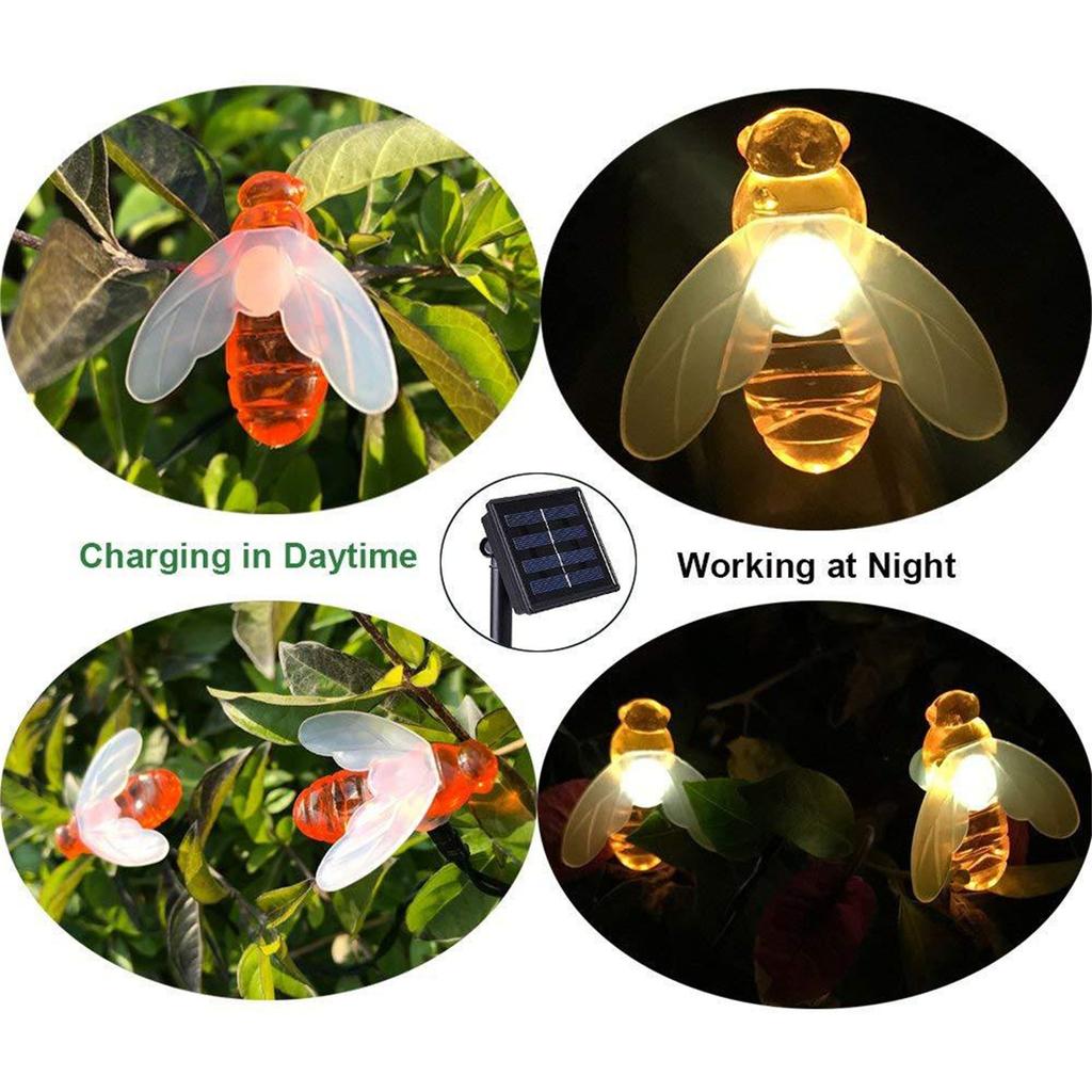 Solar Powered Outdoor Garden String Lights with Bee Shaped Covers Waterproof LED Decorative Lighting for Patio Yard Pathway