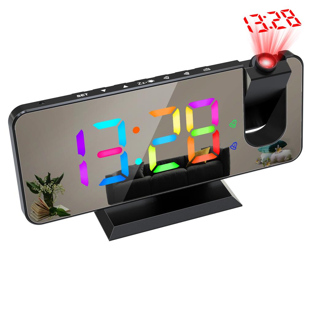Digital 180 degrees Projection Alarm Clock with Dynamic RGB Light Brightness Snooze Dual Alarm Setting USB Port Mirror Clock for Be