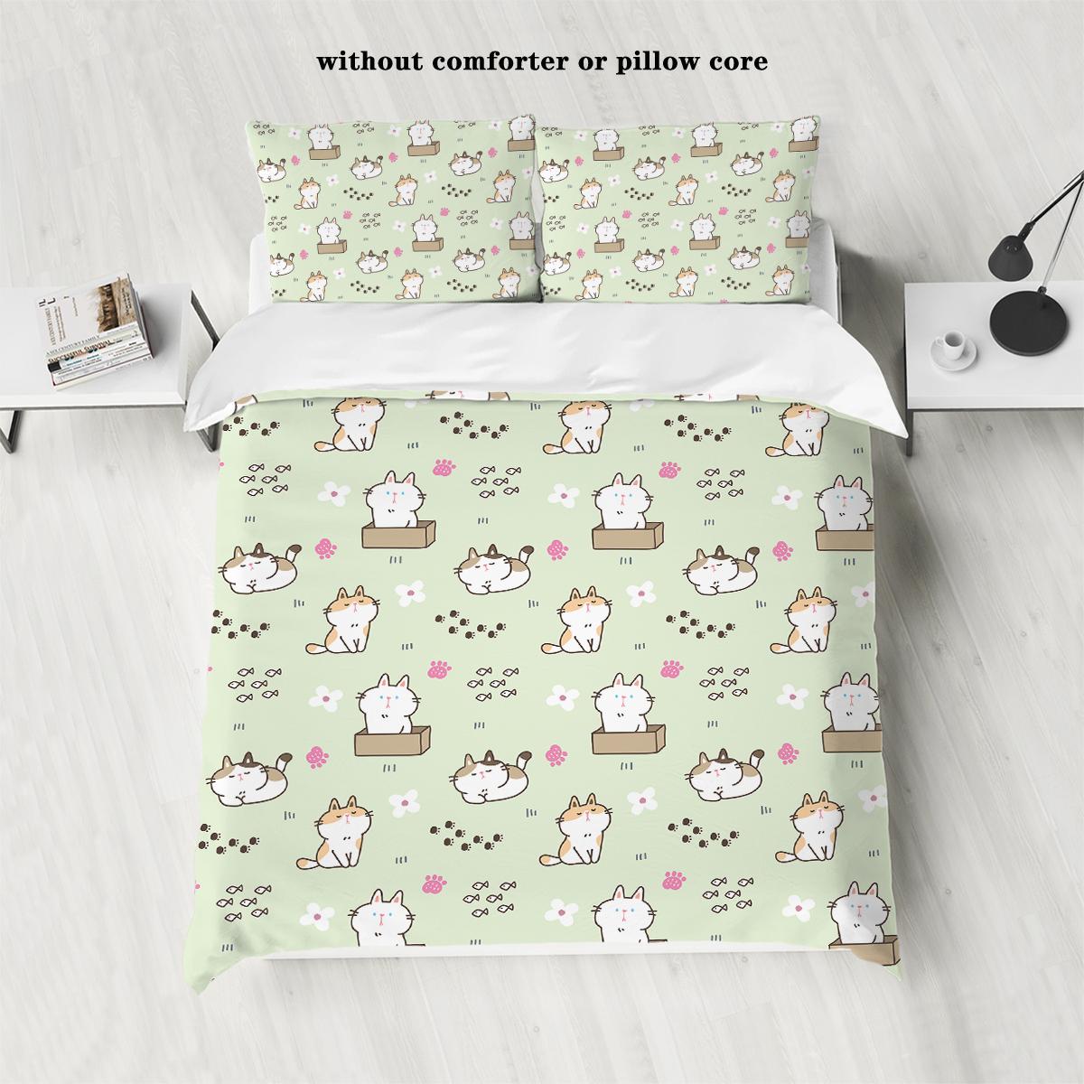 

3-piece down duvet cover with green cartoon cat pattern print (1 down duvet cover+2 pillowcases, no core) Soft bedding set 135x200cm-EU-Single