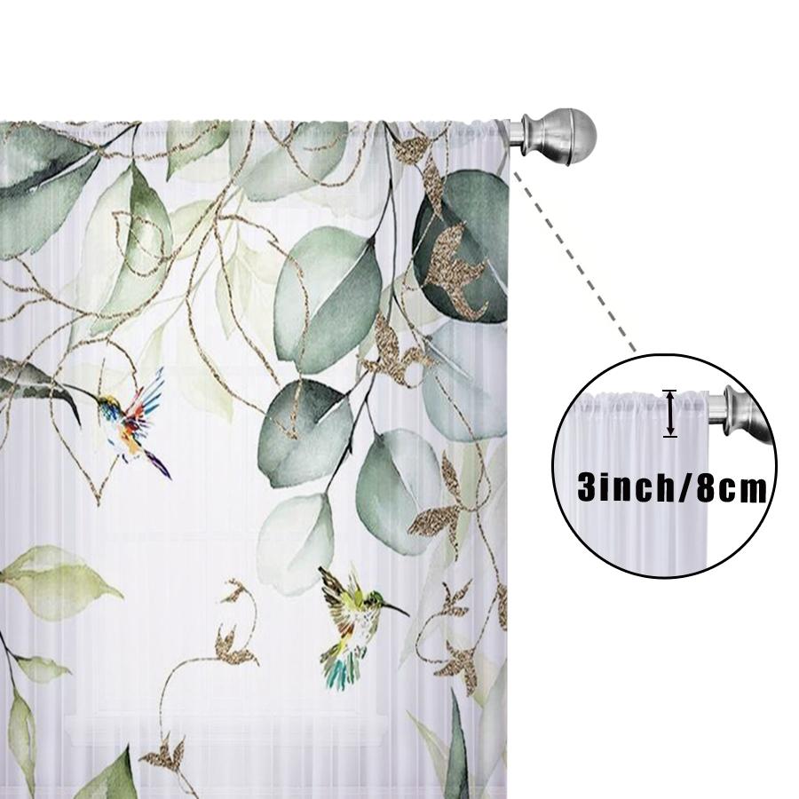 1PC Sheer Curtain Eucalyptus Leaf Hummingbird Print, Rod Pocket Window Curtain for Living Room Bedroom Nature Decor