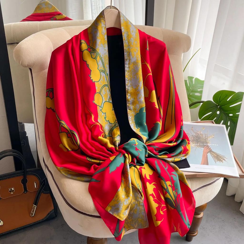New 90*180CM Fashion Luxury Lady Print Design Shawl Soft Satin Silk Scarf Shawl Versatile Women Long Silk Scarves
