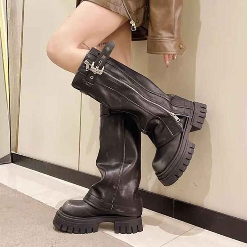 Knight Women Mid Calf Boots Chunky High Heeled Platform Punk Motorcycle Long Booties Goth Street Shoes for Women
