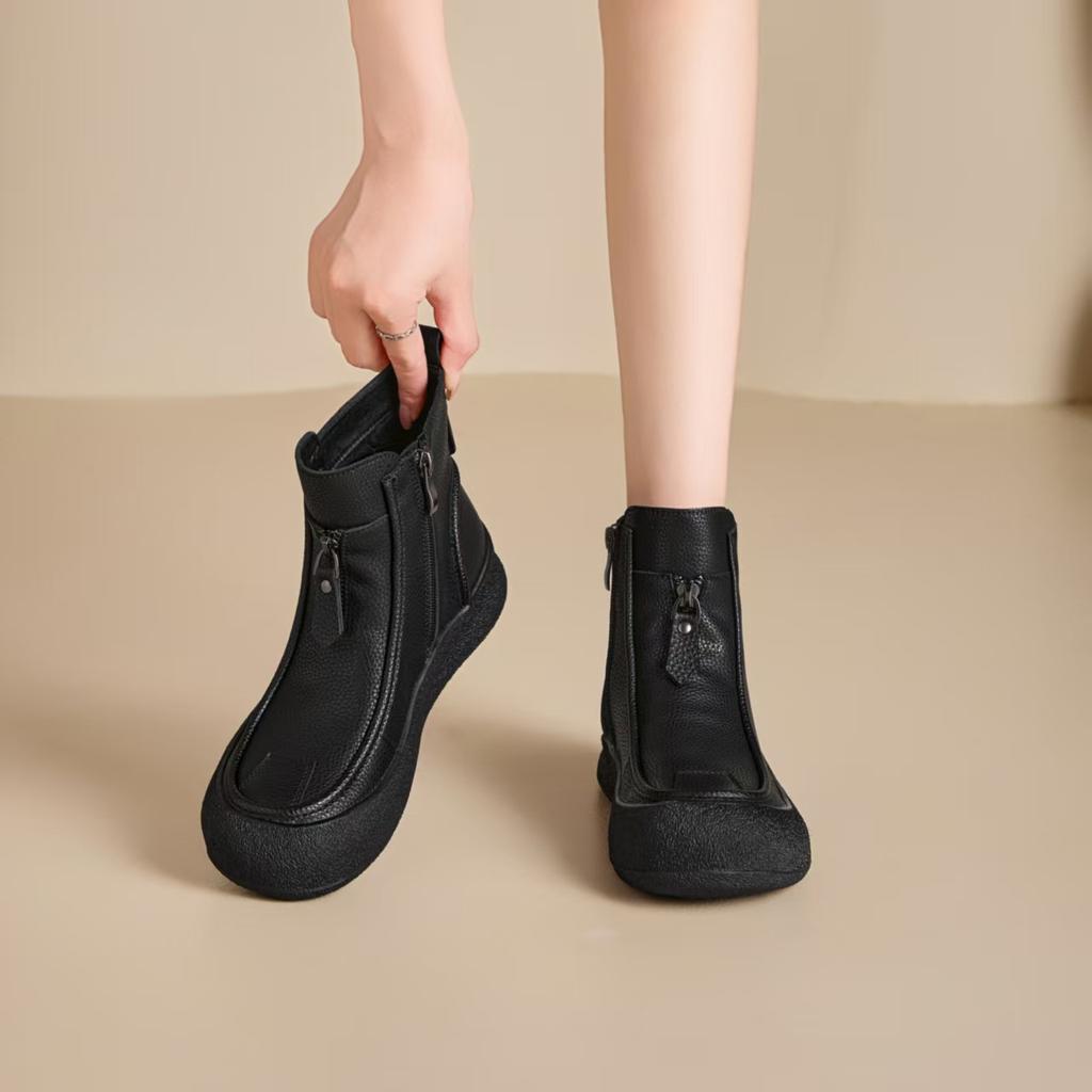 Autumn and winter new leather short boots women's flat-bottomed casual British style Martin boots soft-soled versatile fashion round boots women