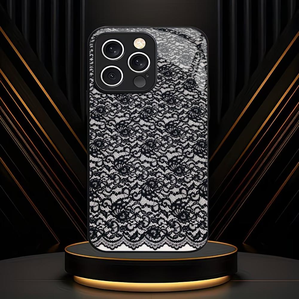 Moderne Schwarze Spitze Floral Handyhülle Handys für iPhone 17 Pro Max Hülle Glas für iPhone 17 16 15 14 13 12 11pm Pro Plus