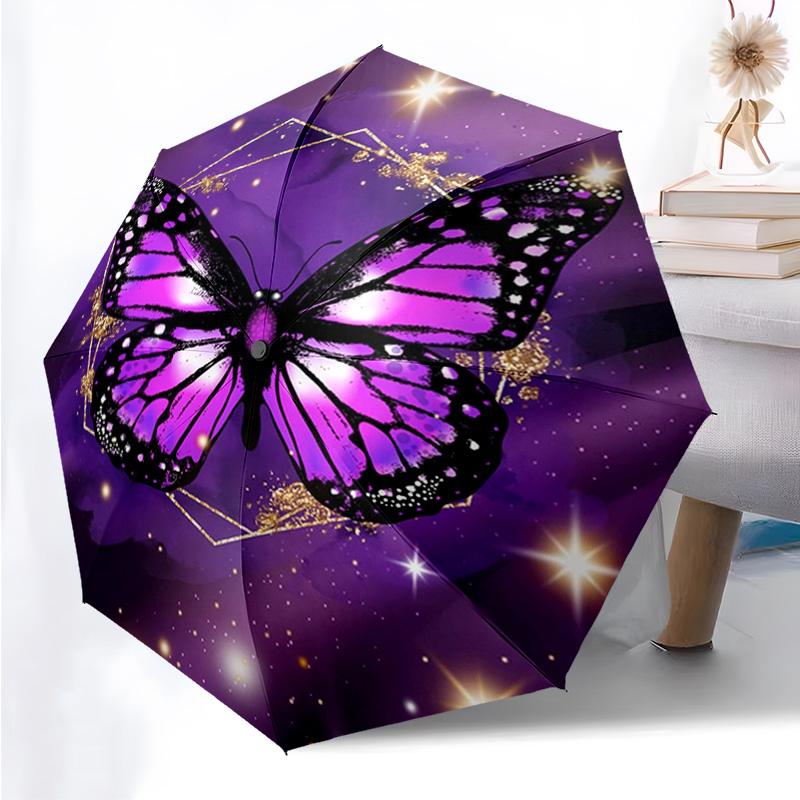 Golden Butterfly Pattern Folding Umbrella Fashion Auto-Open 8 Iron Ribs Plastic Handle Foldable Sunshade Perfect Christmas Gifts