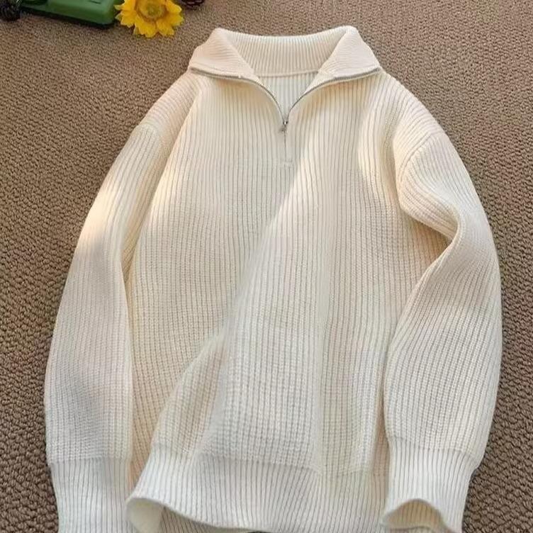 Oversized Solid Knitted Sweater Women Man Spring Autumn Stand Collar Half Zipper Pullovers Fashion Trend All-matched Knitwear