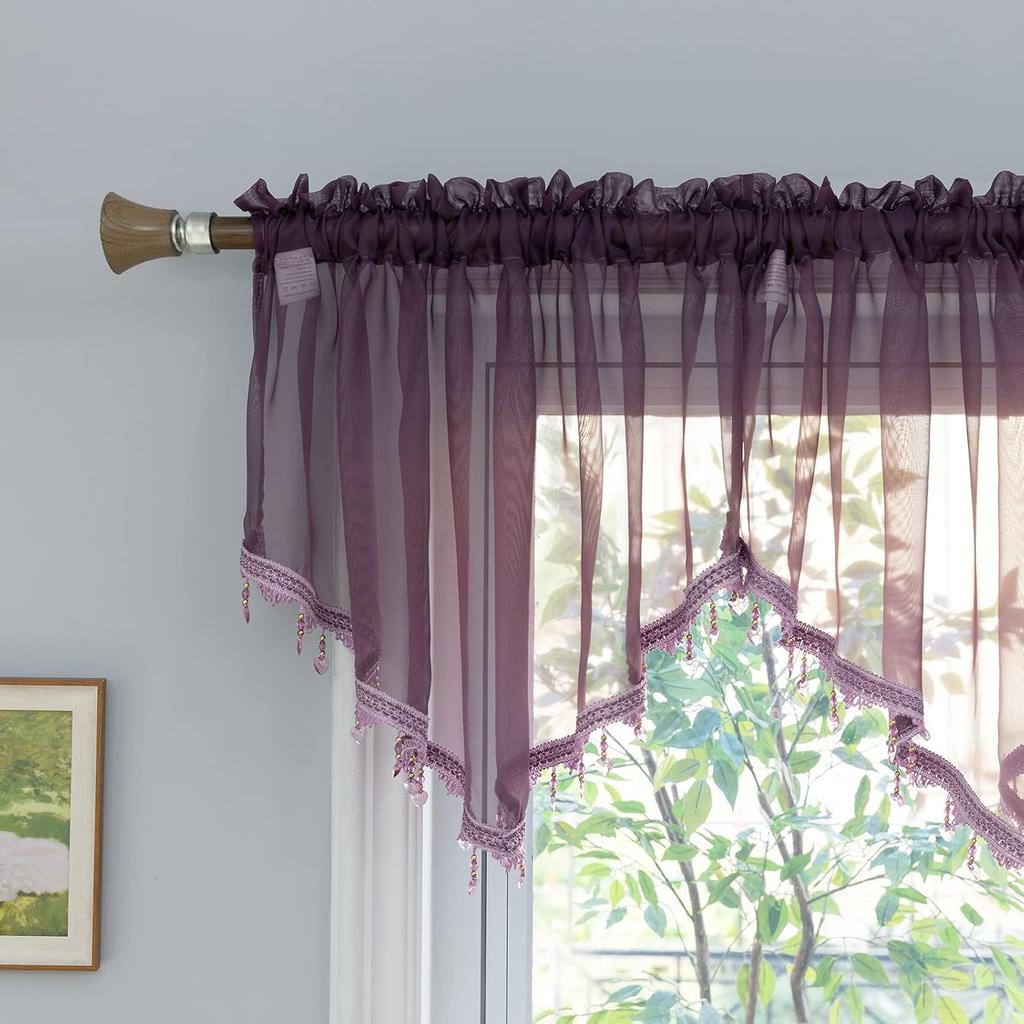 Beaded Triangle Sheer Valance Curta for Living Room,Rod Pocket Farmhouse Window Valance, Bead Trim Tassel Voile Sheer Curtain Valance for Bedroom