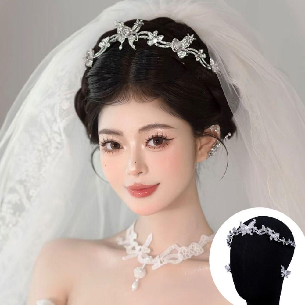Bride Headdress Butterfly Crystal Tiara Set Sparkling Wedding Jewelry Suit Wedding