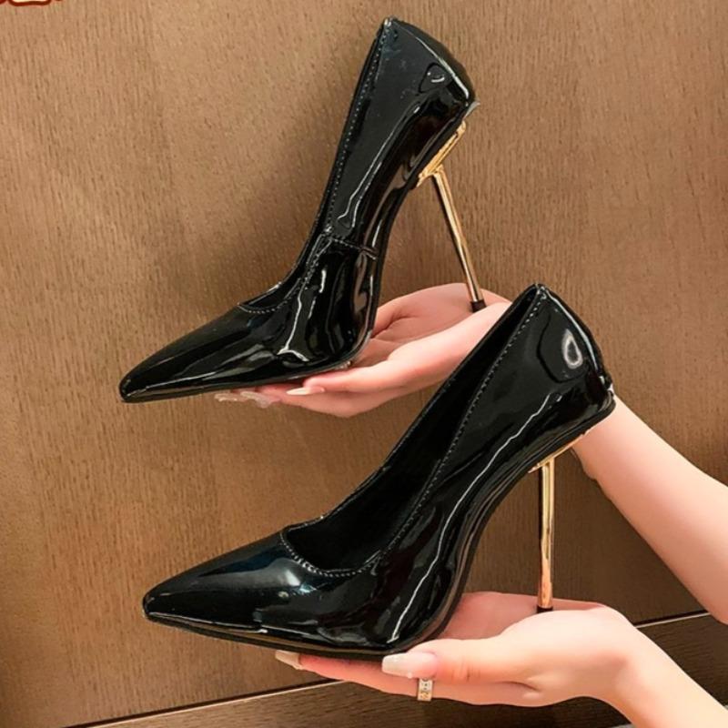 Super High Heel Single Shoes Autumn New Pointed Toe Lacquer Leather Cover Foot Non-slip Wear-resistant Stiletto Shoes