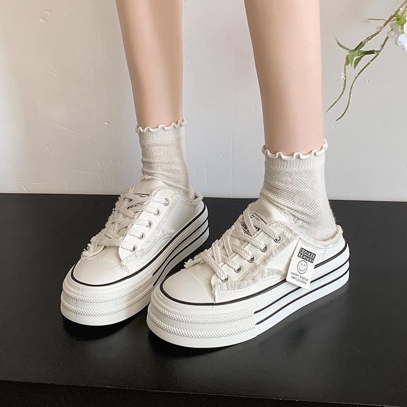 2025 Summer New Thick-sole Slippers Fashion Casual Lace-up Women's Sandals Canvas Low-top Sneakers Flat Semi-vulcanized Shoes