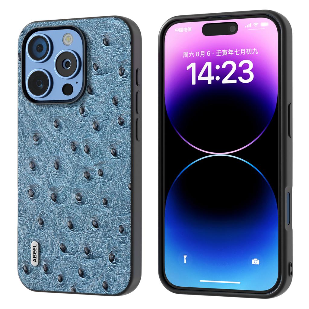 ABEEL For iPhone 16 Pro Case Ostrich Texture Genuine Cow Leather Back Phone Cover