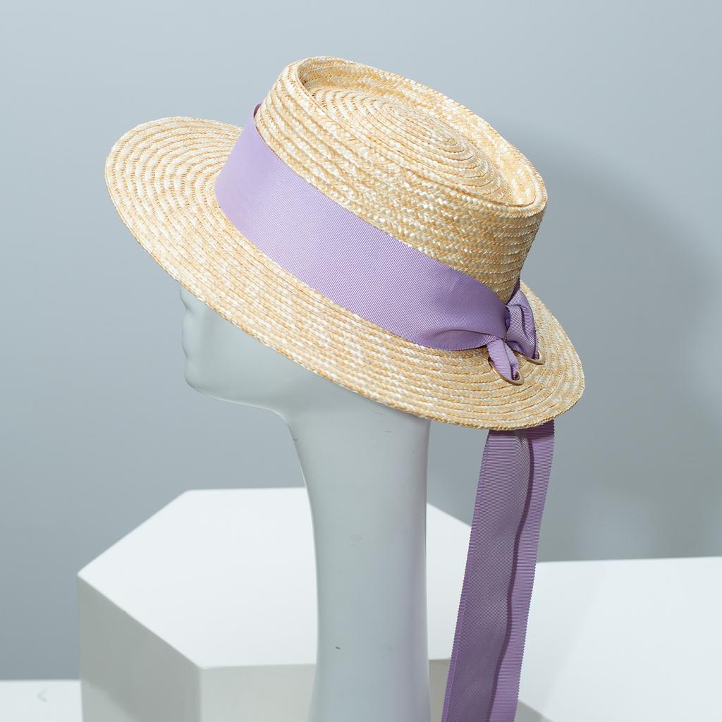French Lace Ribbon Wheat Straw Hat Women summer Boater Beach Sun Cap Elegant Flat-Top Design with Wide Ribbon Bow Holiday Sunhat