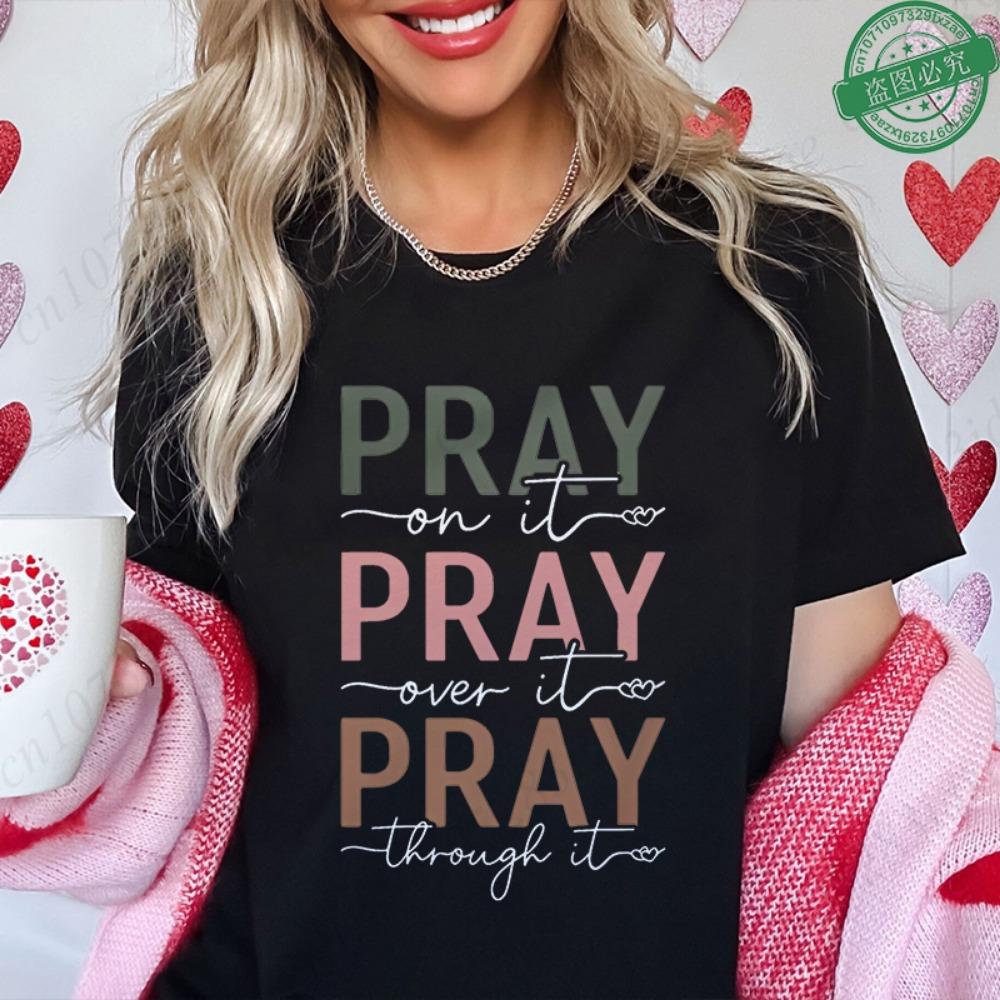 Christian Women s Prayer Warrior T-Shirt Pray on It Pray Over It Pray Through It Spiritual Graphic Tee Short Sleeve O Neck Tops M