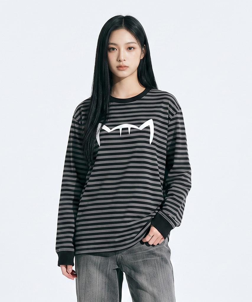 Kikimimi Striped Ribbed Long Sleeve Kitty Big Logo T-Shirt (Black)