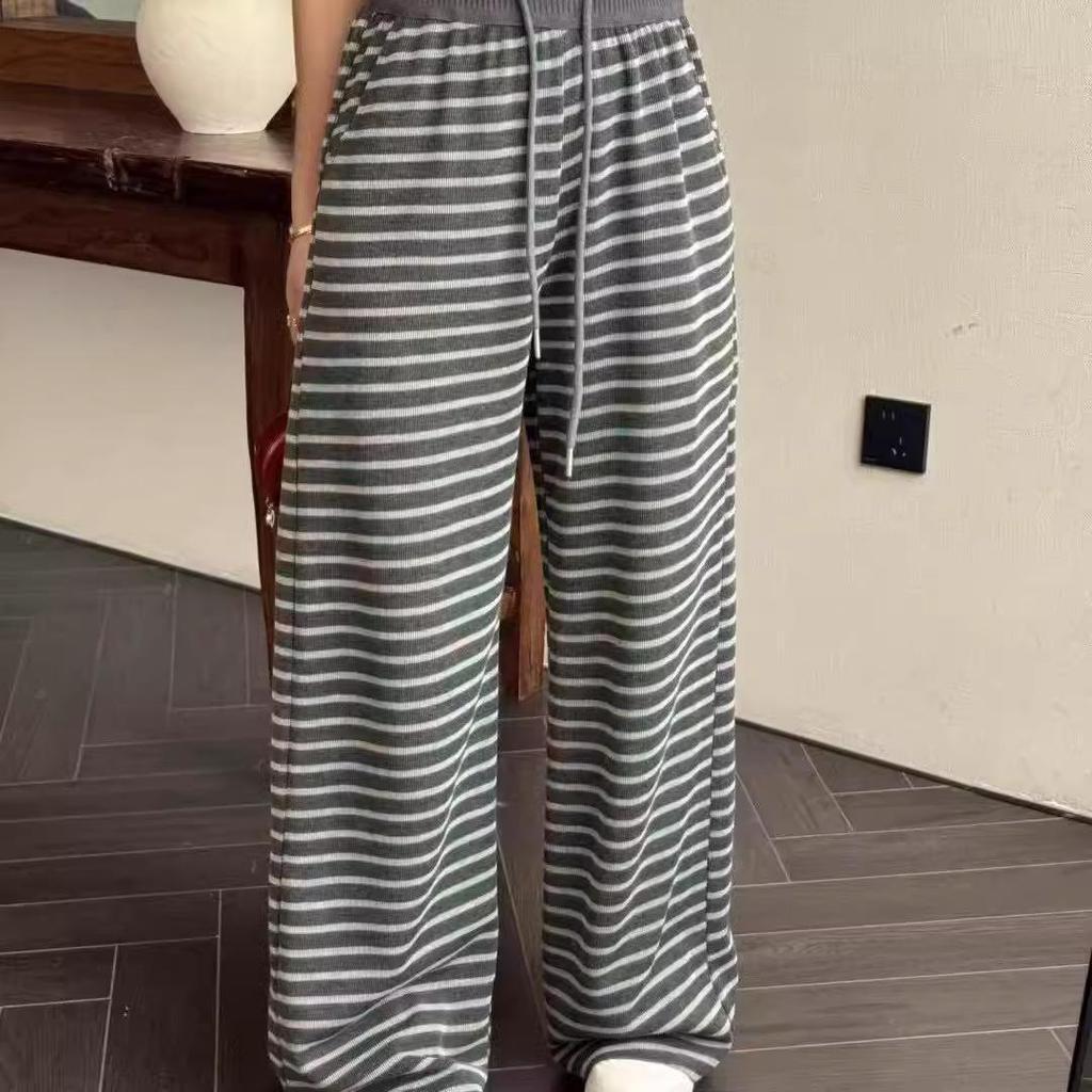 Women's Gray Retro Striped Knitted Wide-Leg Pants - Korean Style, Spring 2025, Elastic Waist, Slimming Casual Fit.