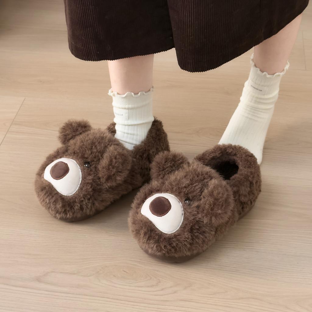 Bear fluffy cotton slippers wear 2025 new thick-soled non-slip warm cotton shoes cute plush cotton shoes