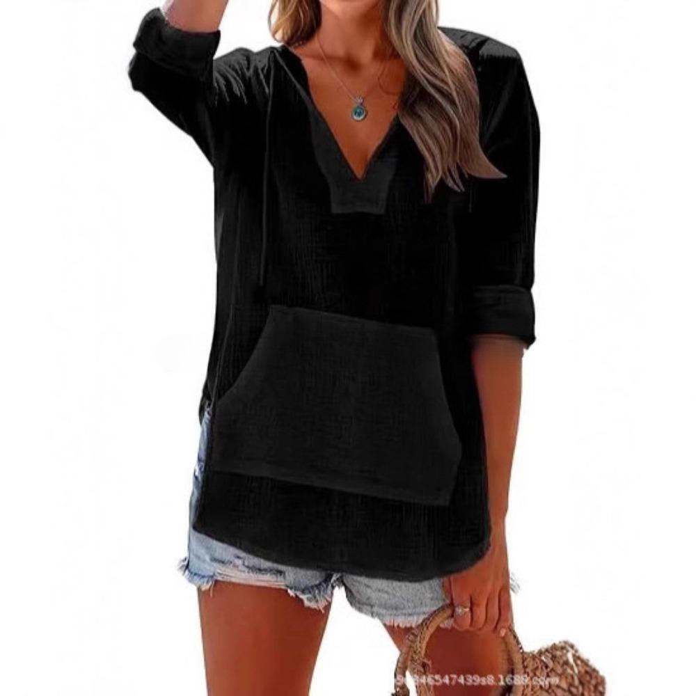 Spring and Summer Beach Cover-Up Hooded Long-Sleeved V-Neck Pockets Hooded Shirt for Women