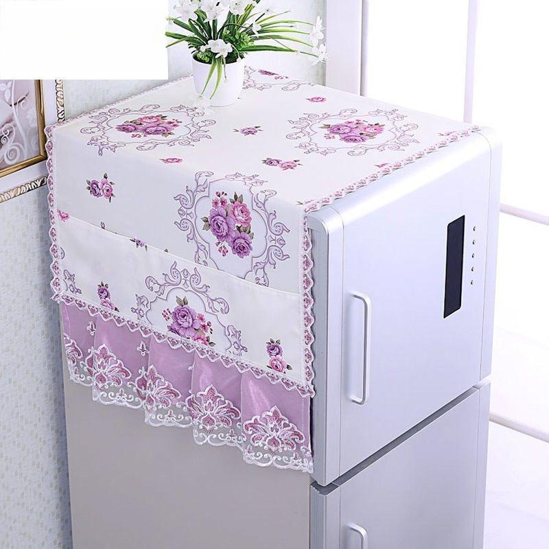 Rural Style Refrigerator Dust Cover with Lace Embroidery Patterns Anti Dust and Anti Stain Universal Size Double Door Refrigerator Decorative Cover