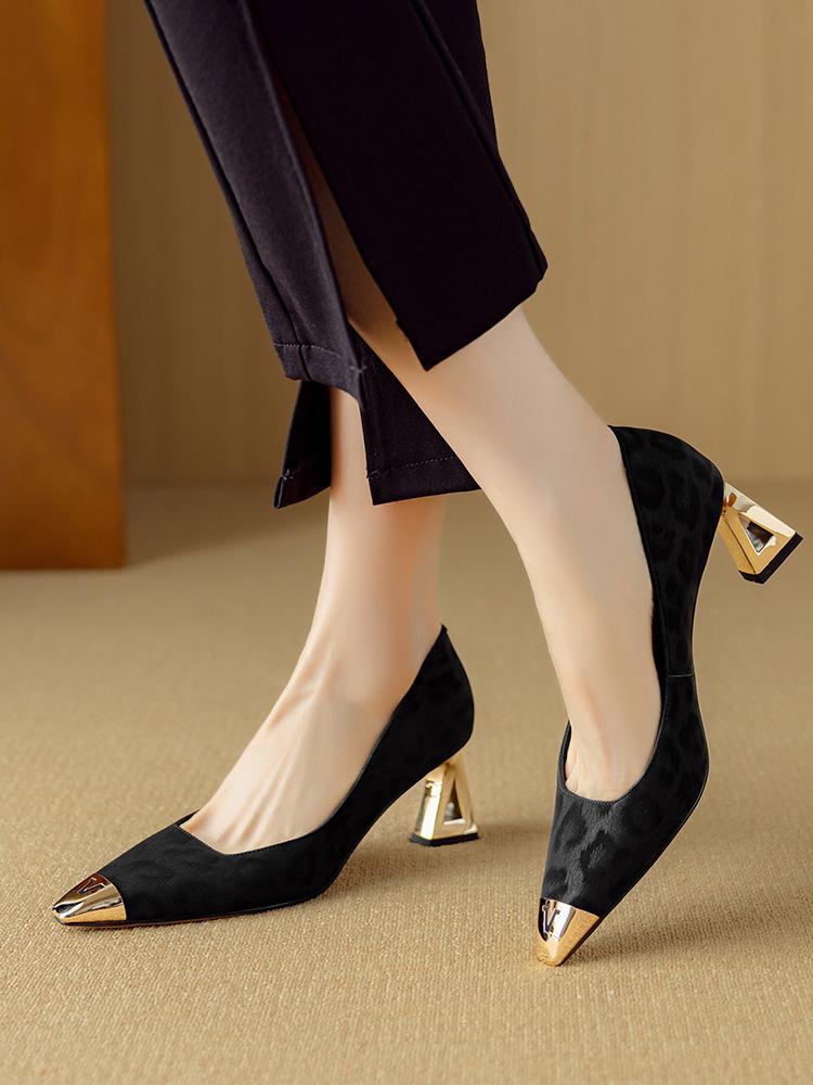 French temperament high heels women's 2025 spring new shallow mouth single shoes small fragrant leopard print evening shoes