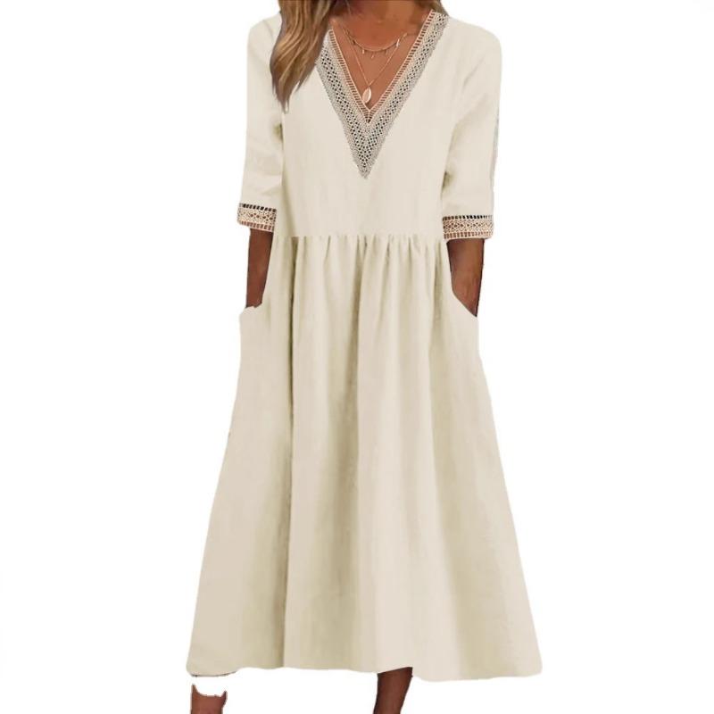 Mote V-hals Stor Størrelse Kort Erm Sommerkjole Kvinner Elegant Løs Kontor Casual A-linje Selskapsblonderkjoler Ensfarget Dame Plissert Hul Bekledning
