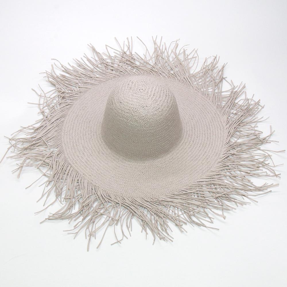 Women's wide-brimmed hat, tassel floss beach hat, foldable pure woven sun-visor, white and black paper straw round hat