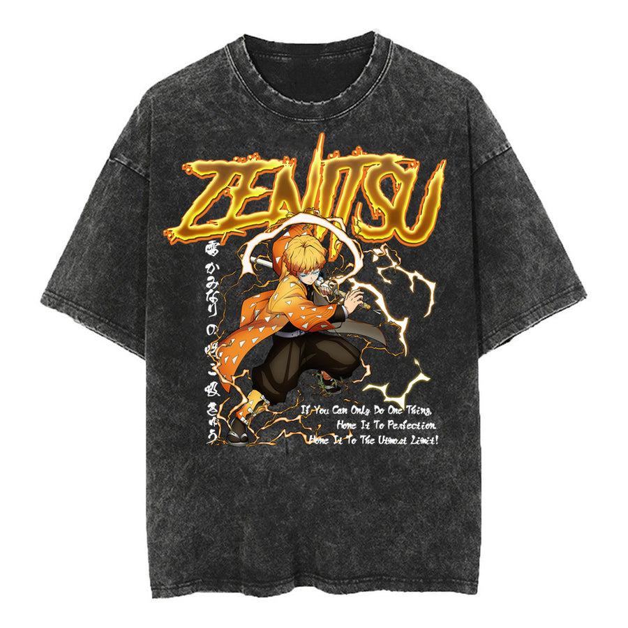 Mens Anime Print Tshirt Retro Washed Loose Fit Tanjiro Print On The Stove Door Casual Street Style Pullover S