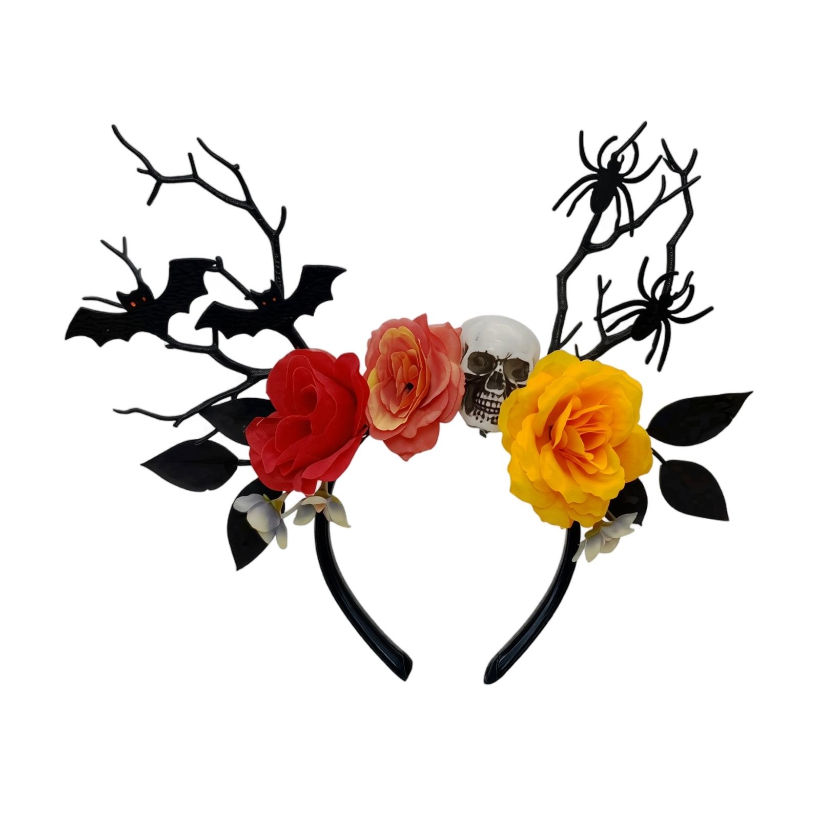 Halloween Decorative Headband with Artificial Flowers Skull Bat Spider and Branch Elements for Costume Parties Photo Props One Size
