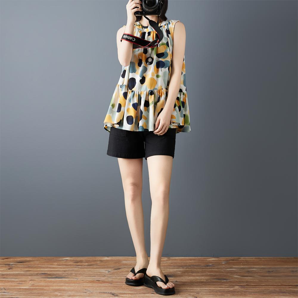 DIMANAF 2026 New Summer Plus Size Women Shirts Tees Casual Loose Blouse Print Sleeveless Lady Tops Pleated