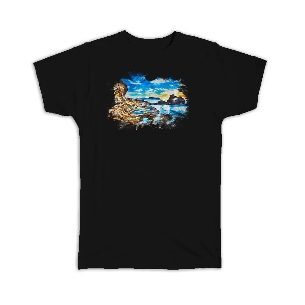 Gift T-Shirt : Watercolor Scenary Sea Rocks Frame 2XL