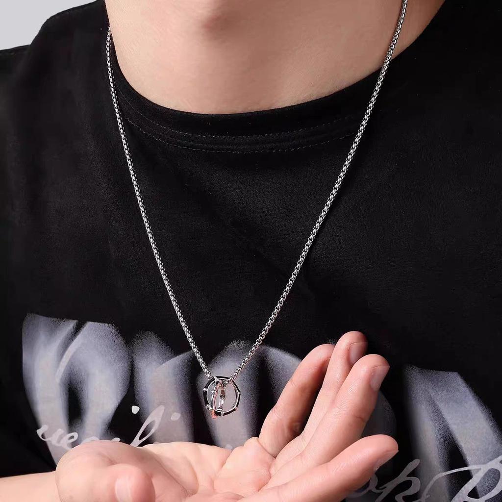 New Double Ring Bamboo Pendant Trendy Necklace High-end Feel Men's Niche Sweater Chain Clavicle Chain National Trend Ins Style