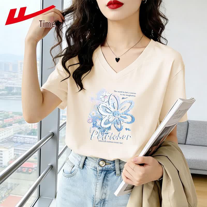 Warrior Women's Summer Loose V-Neck Pure Cotton Daisy Print T-Shirt