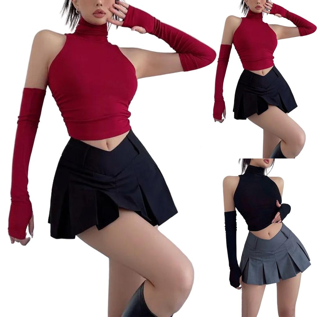 Women's Turtleneck Sleeveless Short Pleated Top With Sleeves