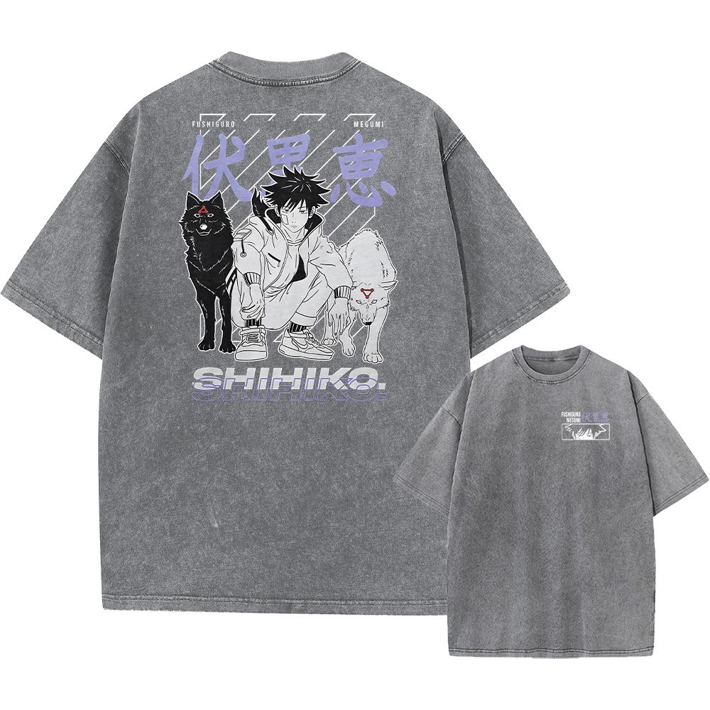 Men Streetwear Washed Acid Oversized T Shirt Japanese Anime Retro Worn Graphic Print T-Shirt Cotton Short Sleeve Tees