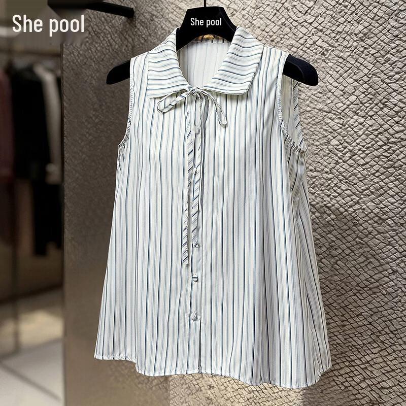 Shechi Women s French Style Striped Sleeveless Tie-Waist Blouse M