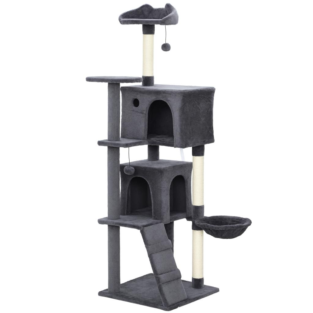 160cm Large Cat Tree Tower with Sisal Scratching Posts, Condos, Plush Perches, Hammock, Ladder, Dark Grey