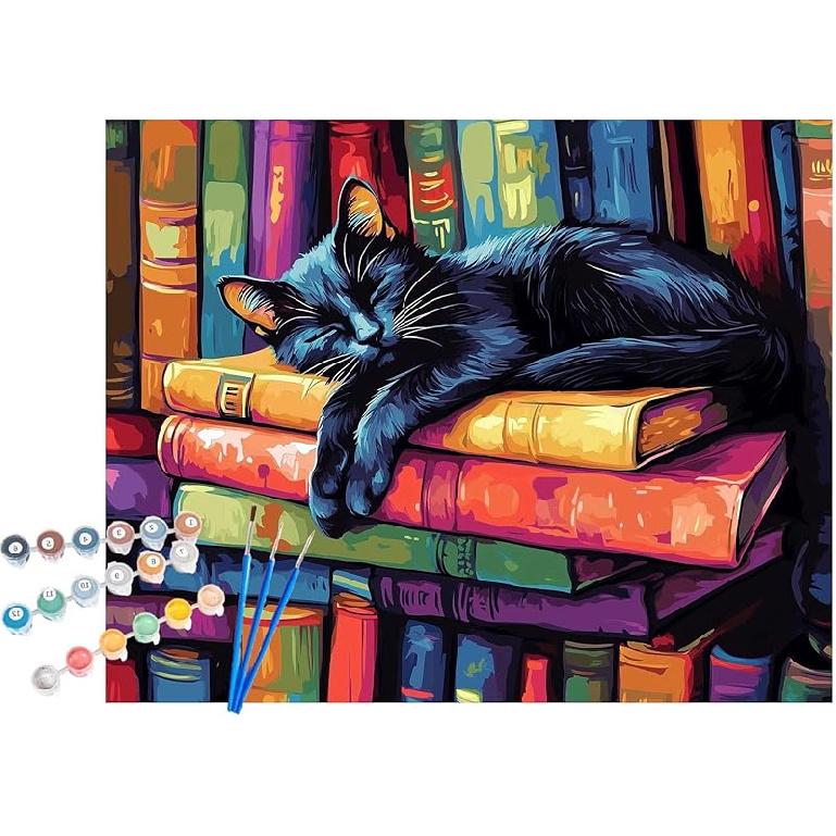 Black Cat Sleeping Paint by Numbers Kit for Adults, Cute Cats & Books Poster for Library, Animal Paint by Number, Colorful Acrylic Painting, Home Art-14