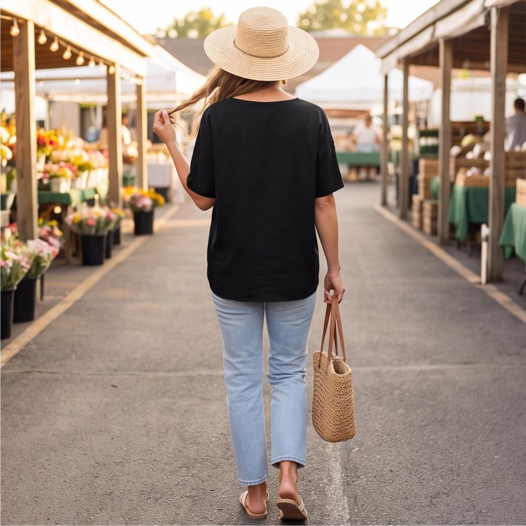 Women's Loose-Fit Fashionable Cotton-Linen -Color V-Neck Casual Top